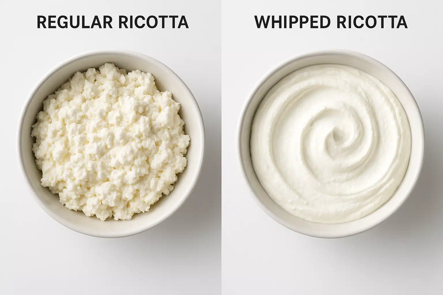 A side-by-side comparison showing regular ricotta cheese versus whipped ricotta, demonstrating the difference in texture and volume, clean white background, educational food photography style