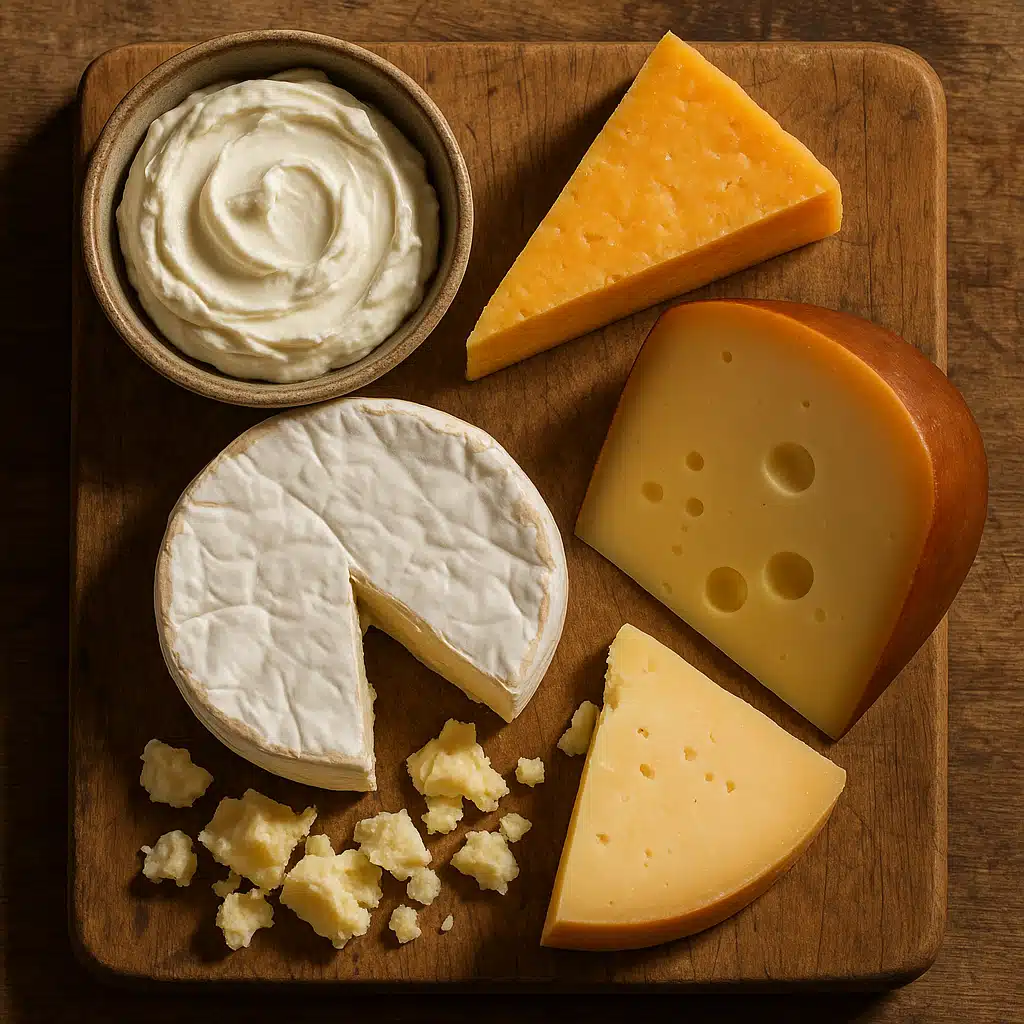 Assortment of soft and semi-hard cheeses on a wooden board, including cream cheese, cheddar wedge, and gouda, natural lighting, rustic artisan presentation, top-down view