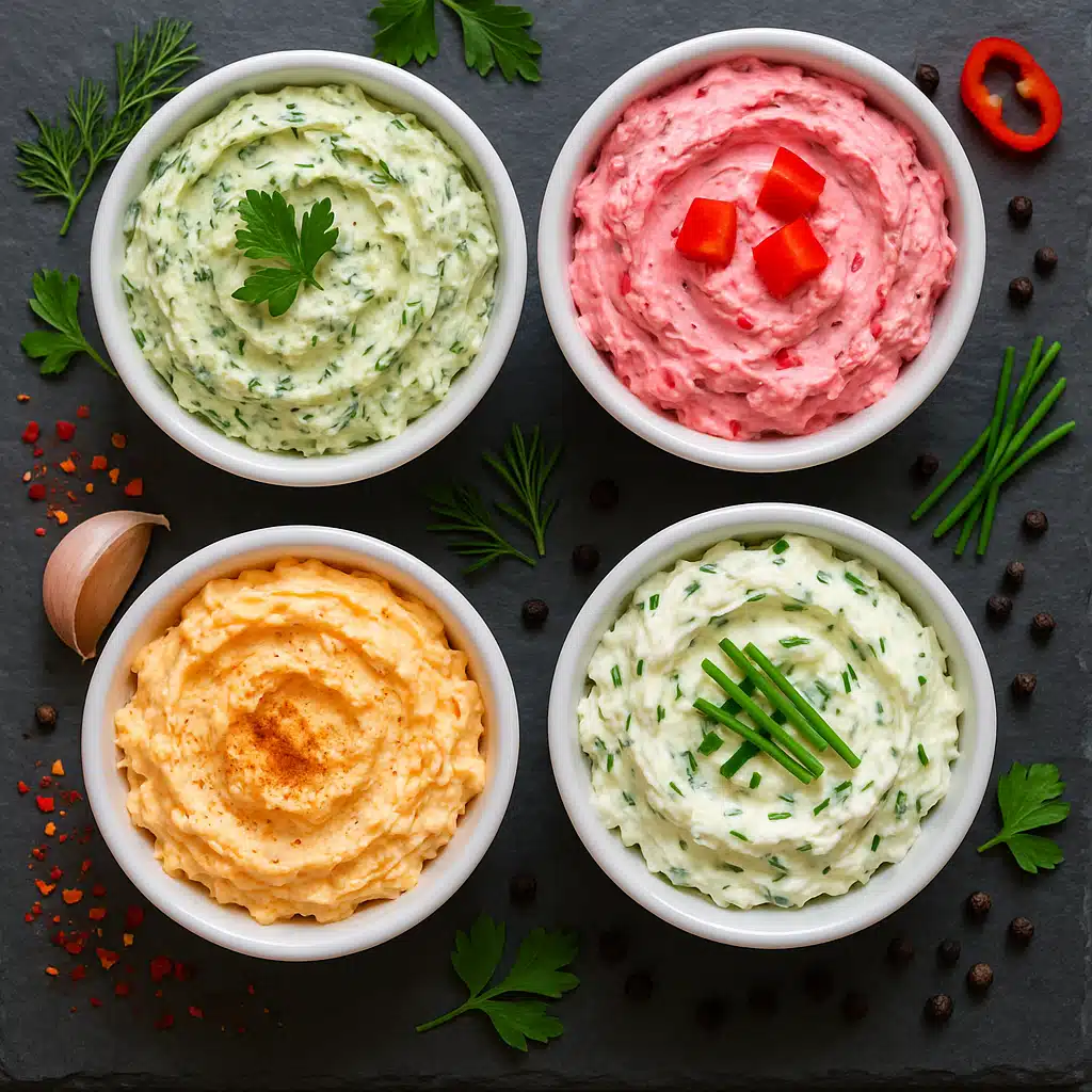 Multiple small bowls containing different flavored cream cheese variations with fresh herbs, spices, and colorful ingredients, arranged on slate board, top-down view, vibrant and appealing