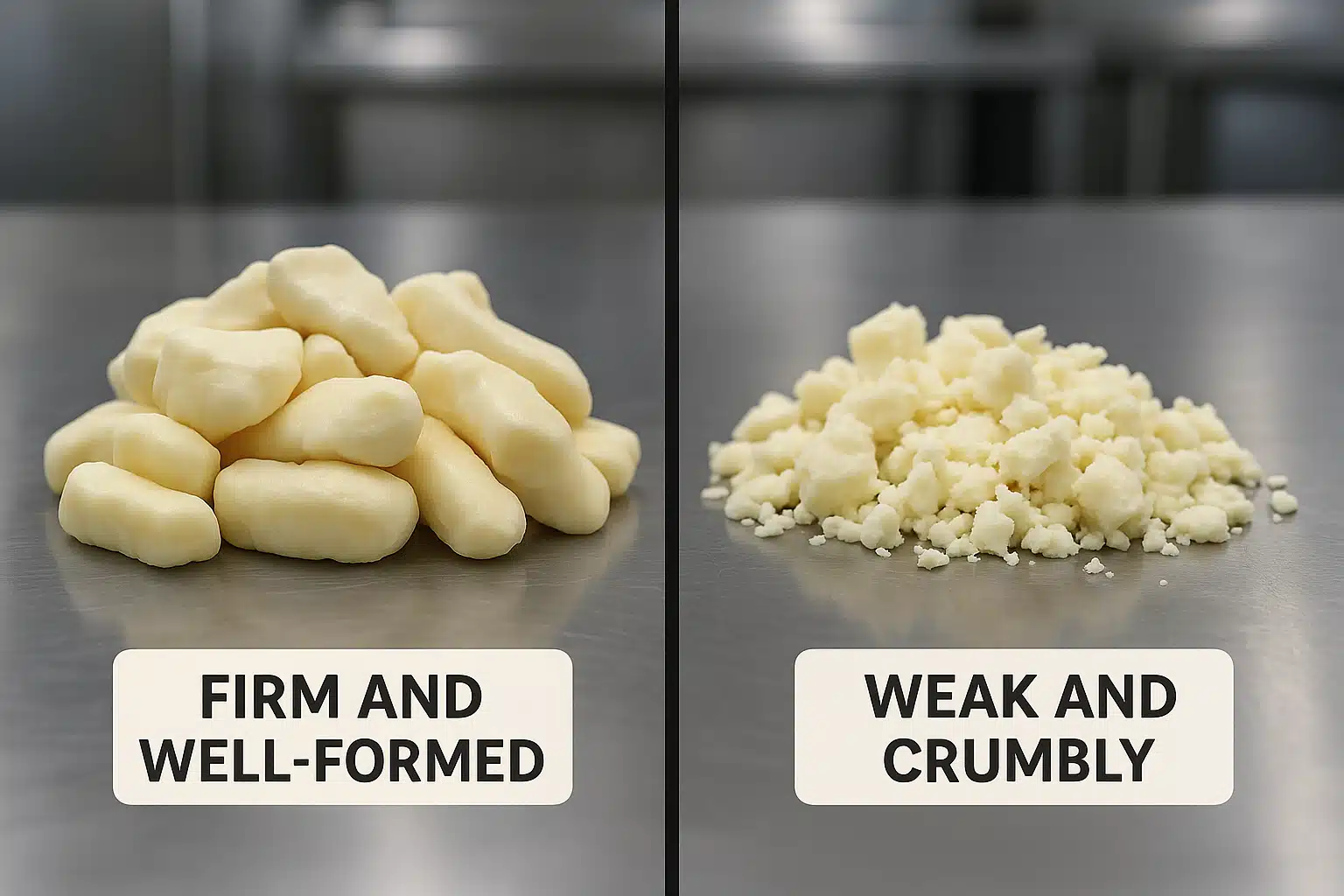 Side-by-side comparison of cheese curds, one batch firm and well-formed, the other weak and crumbly, on a clean stainless steel surface, bright professional kitchen lighting