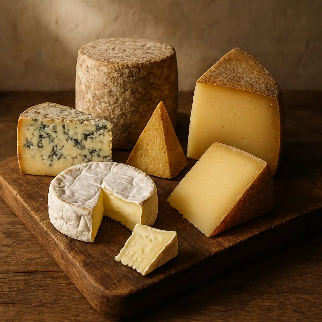 Variety of artisan cheeses on a wooden board showing different textures from soft brie to hard aged cheese, rustic presentation, natural lighting