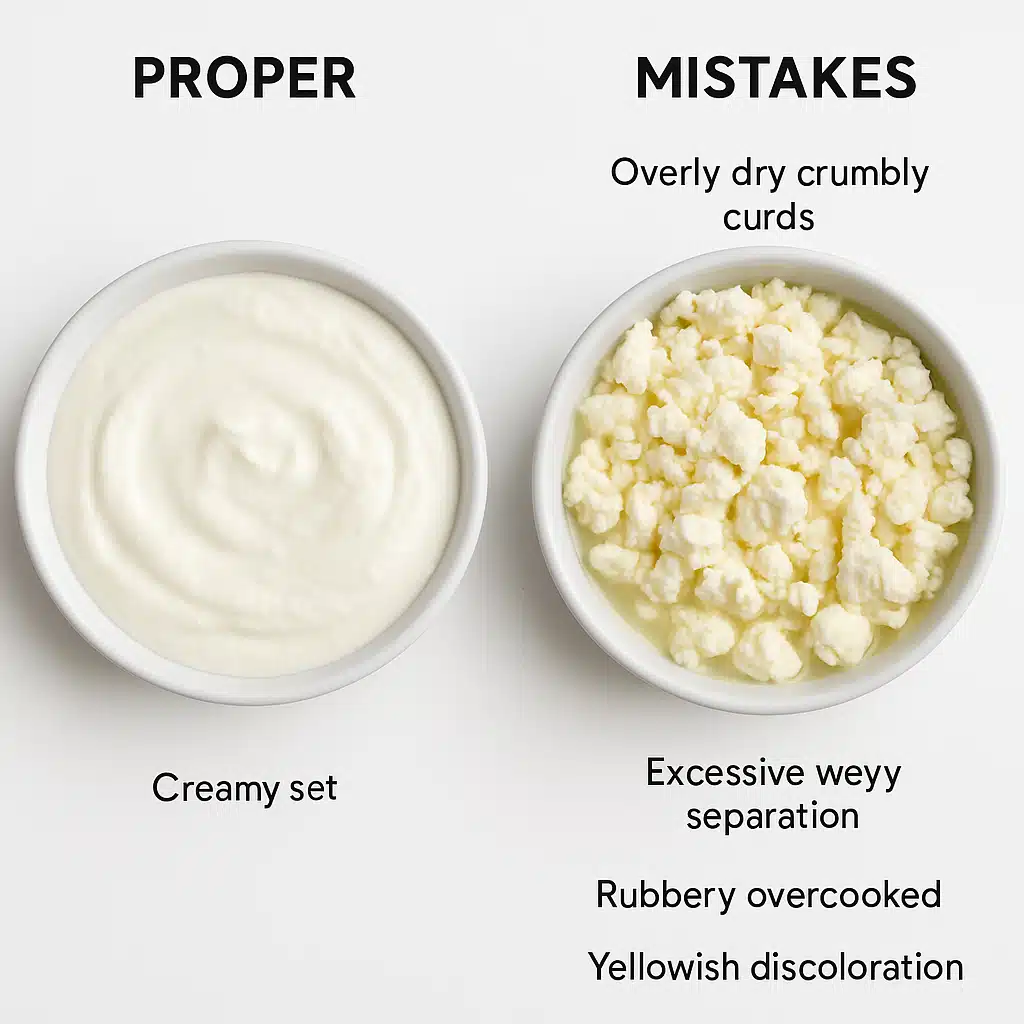 Comparison image showing properly made fresh cheese versus common mistakes, side-by-side presentation on white background, educational reference style