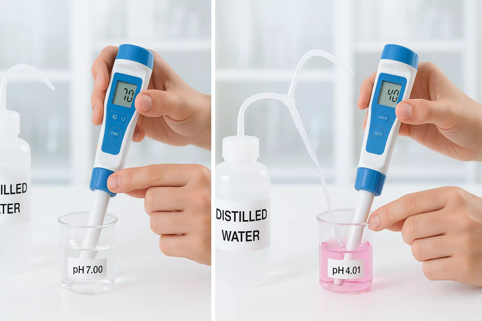 Step-by-step visual showing hands calibrating a pH meter using buffer solutions in small beakers, with distilled water rinse bottle nearby, bright clean laboratory-style environment