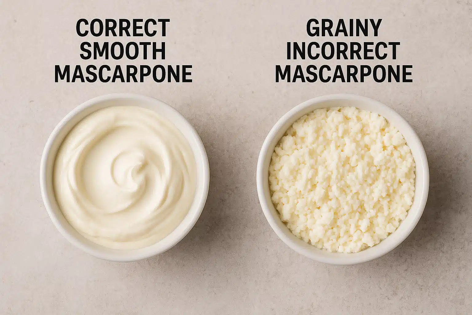 Side-by-side comparison of correct smooth mascarpone versus grainy incorrect mascarpone in small bowls, educational food photography with labels, clear lighting for texture detail