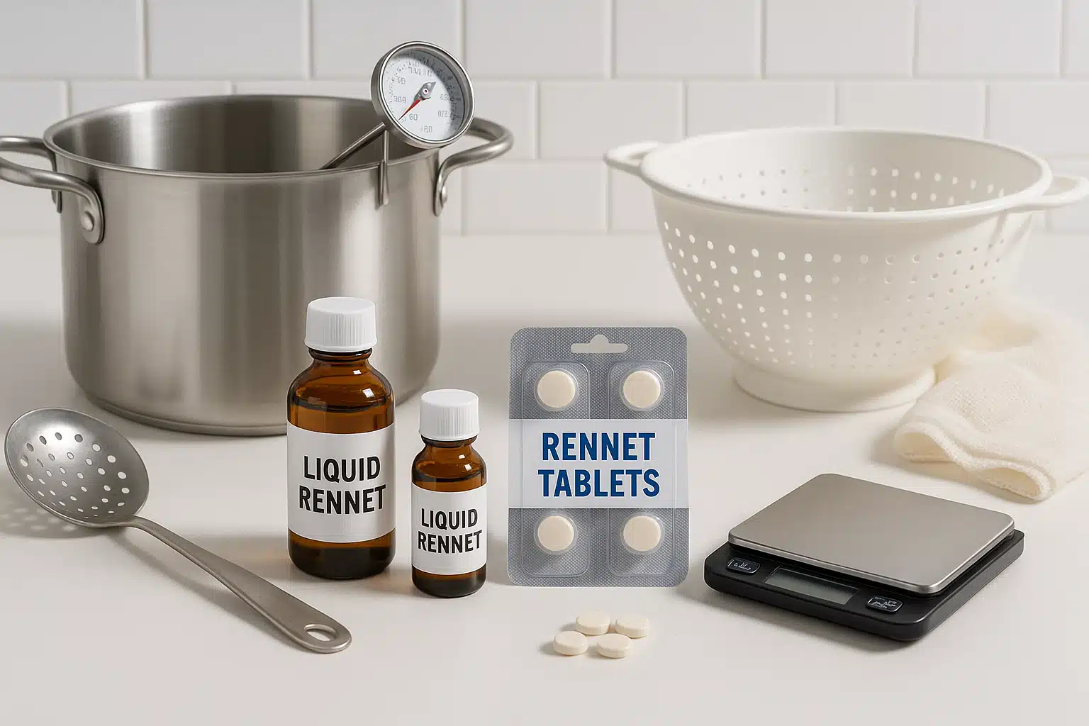 Home cheese-making setup with various forms of rennet displayed, including bottles and tablets, alongside cheese-making equipment on a clean kitchen counter, organized and educational presentation