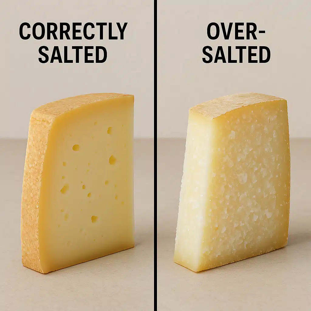 Split image comparison showing correctly salted cheese with attractive appearance on left and over-salted cheese with crystallization on right, educational food photography style, clear labeling, neutral background