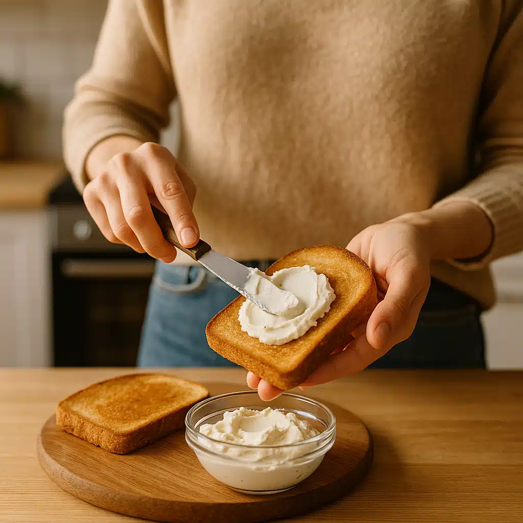 Person in modern kitchen spreading homemade cream cheese on toasted bread, close-up of hands and food, warm natural lighting, lifestyle photography style, inviting and approachable