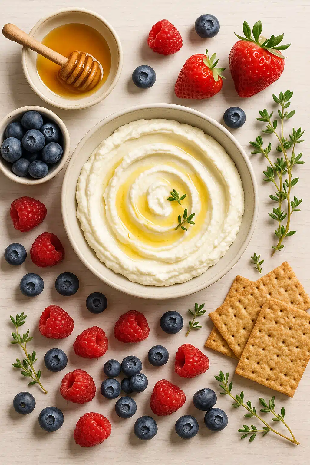 A styled flat lay of whipped ricotta with various accompaniments including fresh berries, honey, crackers, and herbs, arranged on a light wooden surface, magazine-quality food styling