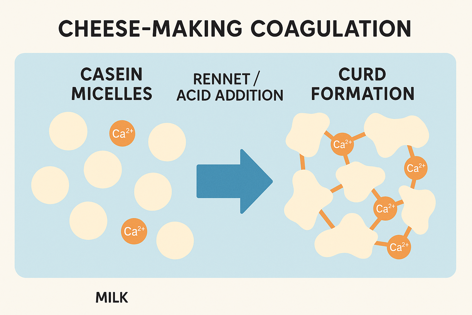 Educational infographic showing the cheese-making coagulation process with calcium ions bridging milk proteins, clean vector illustration style with labeled components, easy to understand design