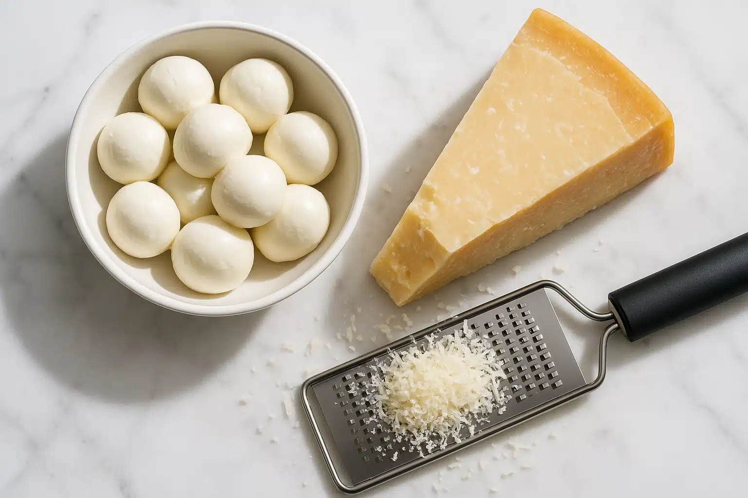 Fresh mozzarella balls and aged parmesan wedge with grater on marble surface, professional food photography, bright natural light, Italian cheese presentation style