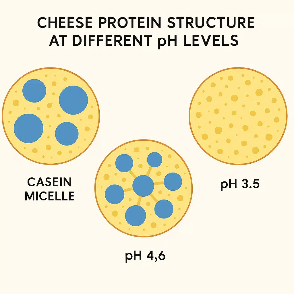 Cross-section diagram illustration showing cheese protein structure at different pH levels, educational scientific visualization, clean modern graphics