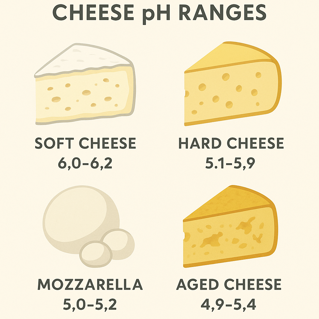 Infographic-style layout showing different cheese varieties labeled with their optimal pH ranges, including soft cheese, hard cheese, mozzarella, and aged cheese, with clean typography and minimal design