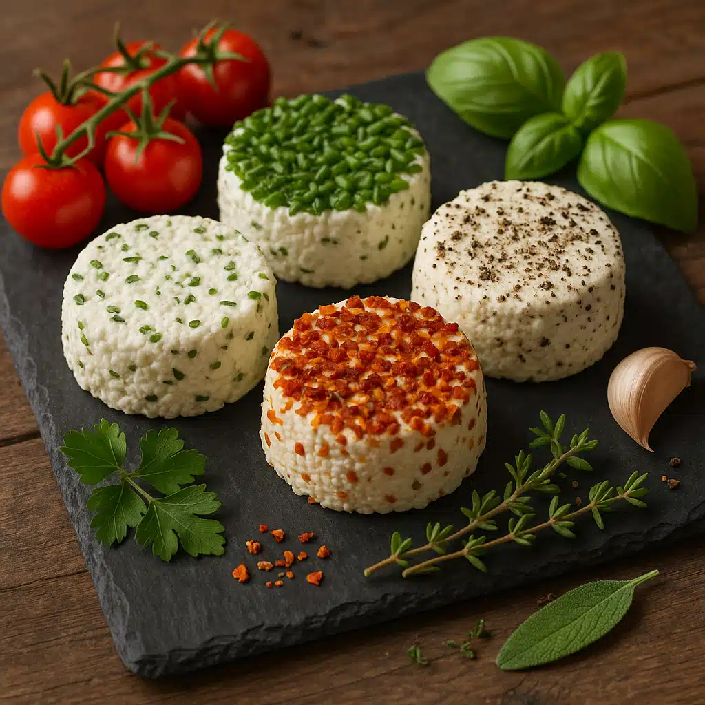 Array of flavored fresh cheeses with visible herbs and spices, arranged artistically on slate board with fresh ingredients around them, rustic gourmet presentation