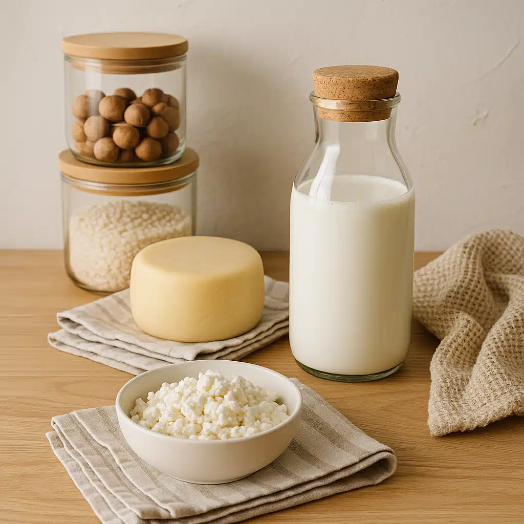 Sustainable kitchen scene with reusable glass containers, fresh local dairy products, cloth towels, and minimal waste setup, eco-friendly aesthetic, natural materials, bright and clean composition