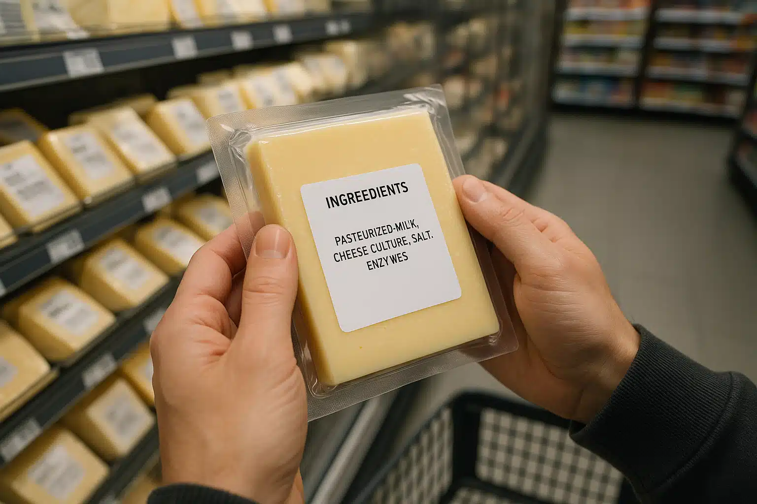 Person reading a cheese label in a grocery store, close-up of hands holding cheese package showing ingredients list, realistic shopping environment, natural lighting and authentic consumer perspective