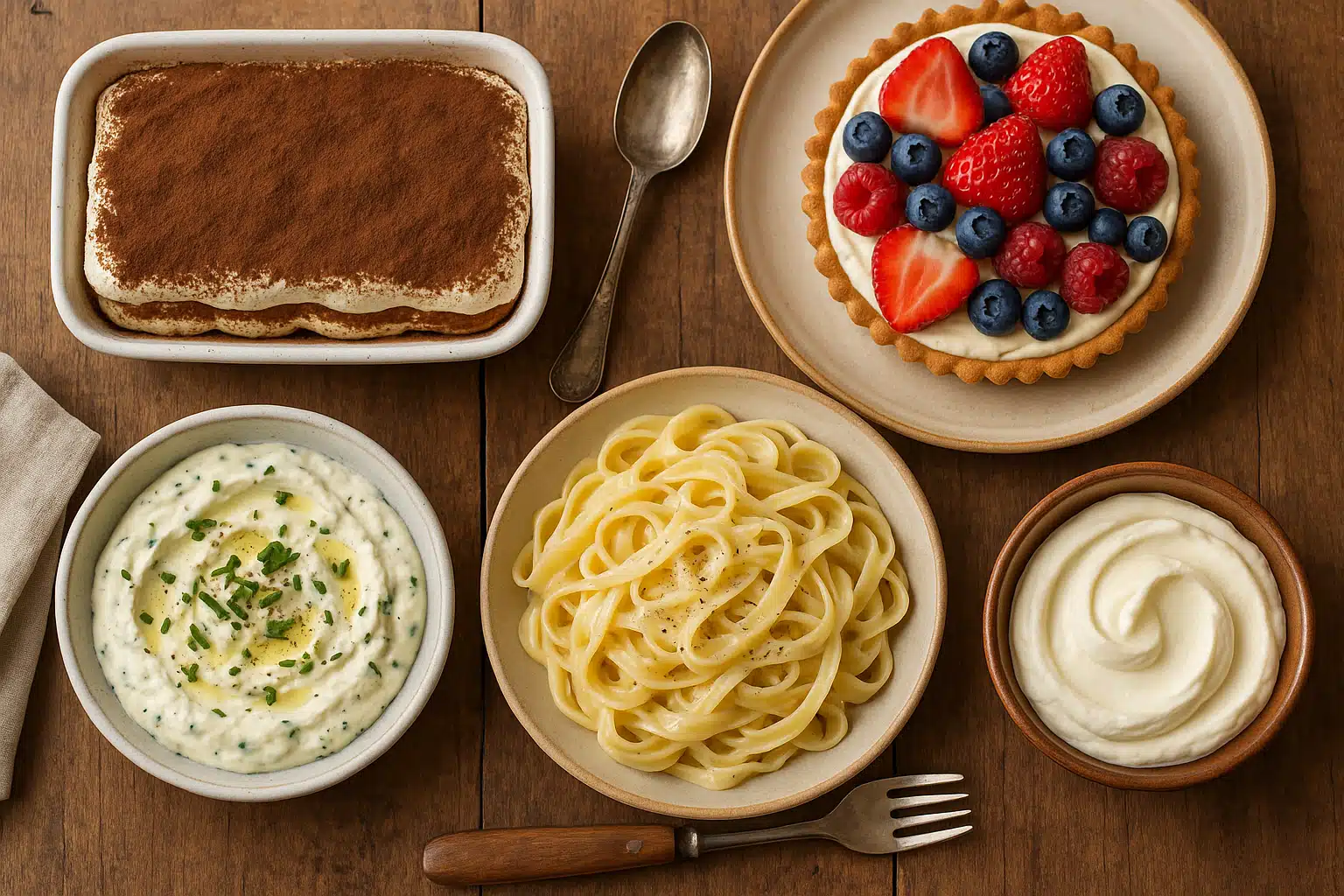 Variety of dishes featuring mascarpone including tiramisu, pasta with cream sauce, fruit tart, and savory dip, arranged on a rustic wooden table, natural lighting, lifestyle food photography