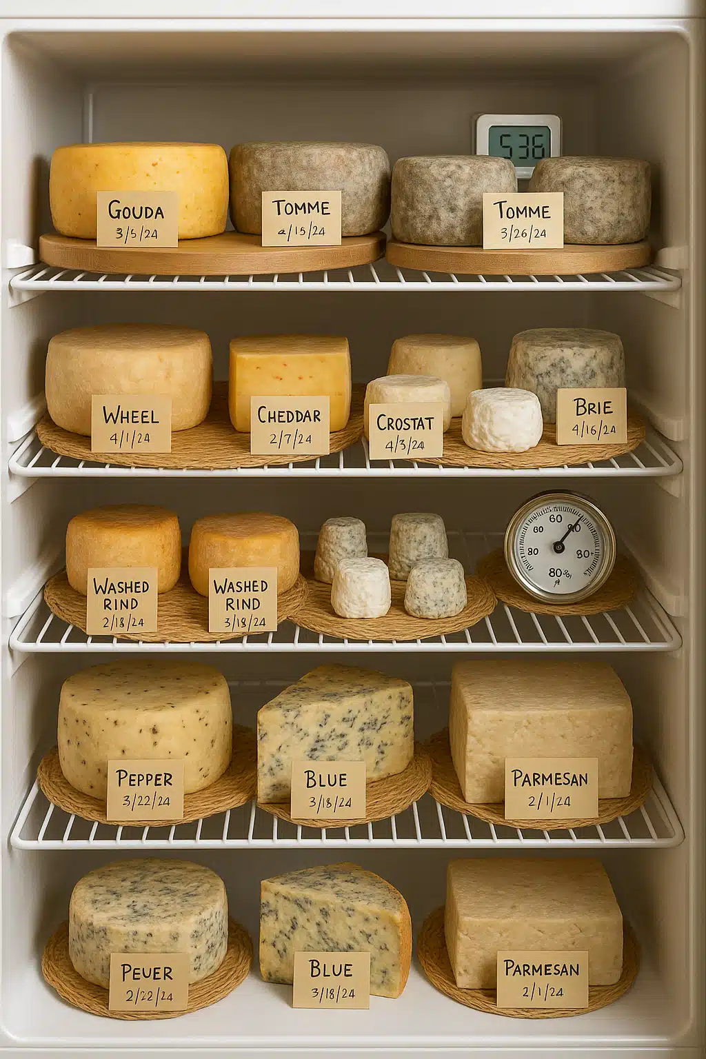 Well-organized home cheese aging cave or refrigerator showing multiple varieties of cheese at different stages, proper labeling, humidity gauge, and temperature control, aspirational home food production aesthetic