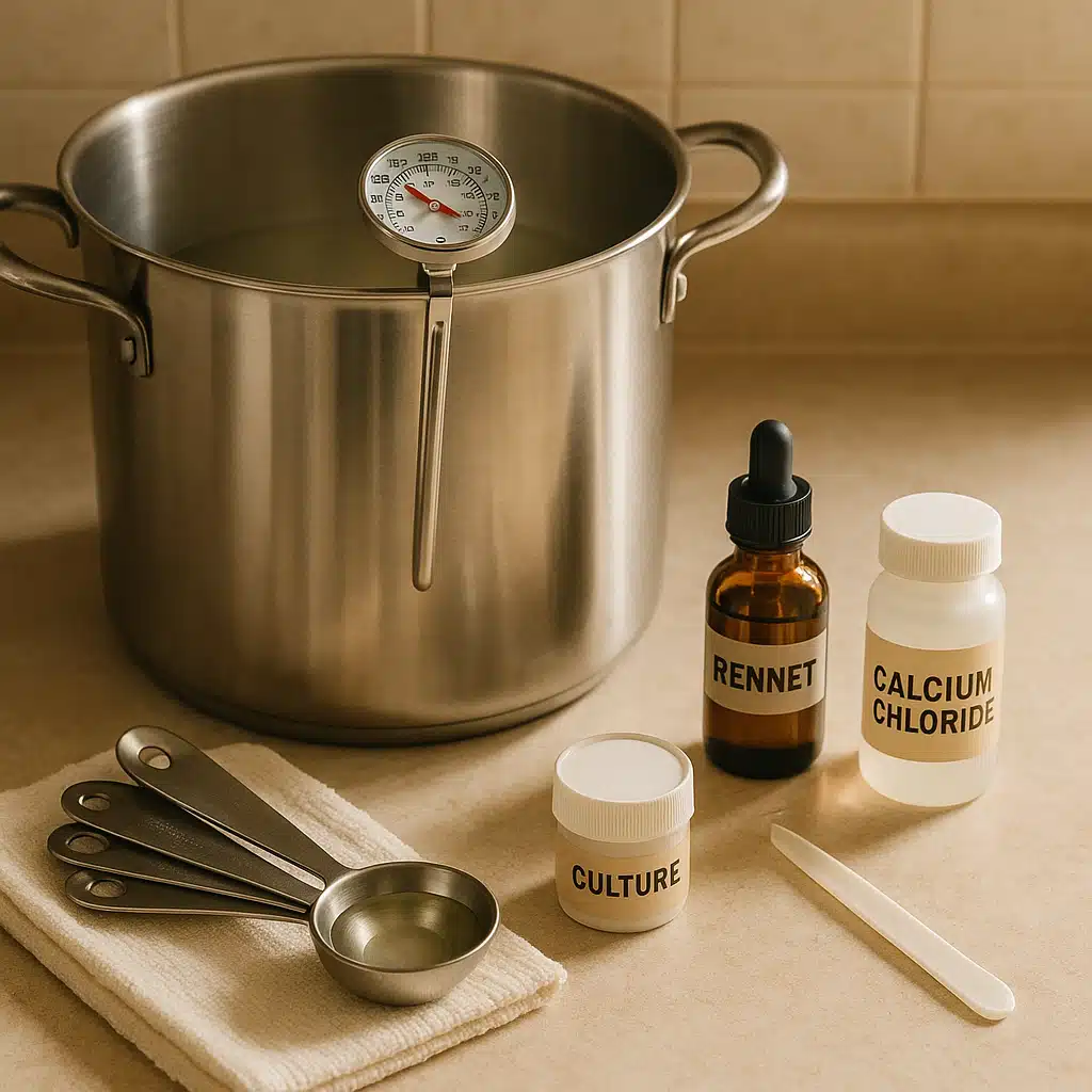 Home cheese-making setup on a kitchen counter with stainless steel pot, thermometer, measuring spoons with calcium chloride solution, bottles of rennet and cultures, clean organized workspace, warm natural lighting