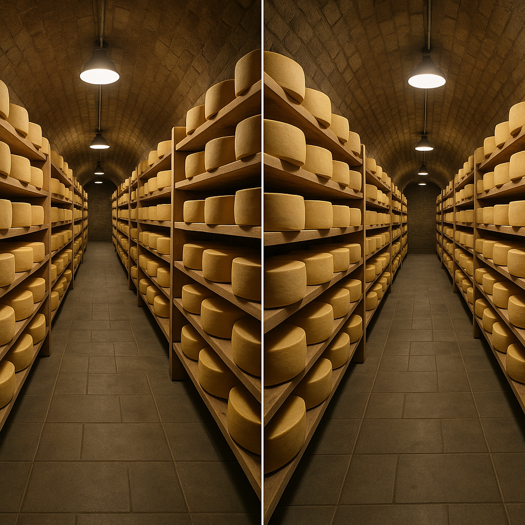 Side-by-side comparison of cheese aging cave with wheels of hard cheese on wooden shelves, controlled lighting, professional cheese aging facility atmosphere, wide angle view