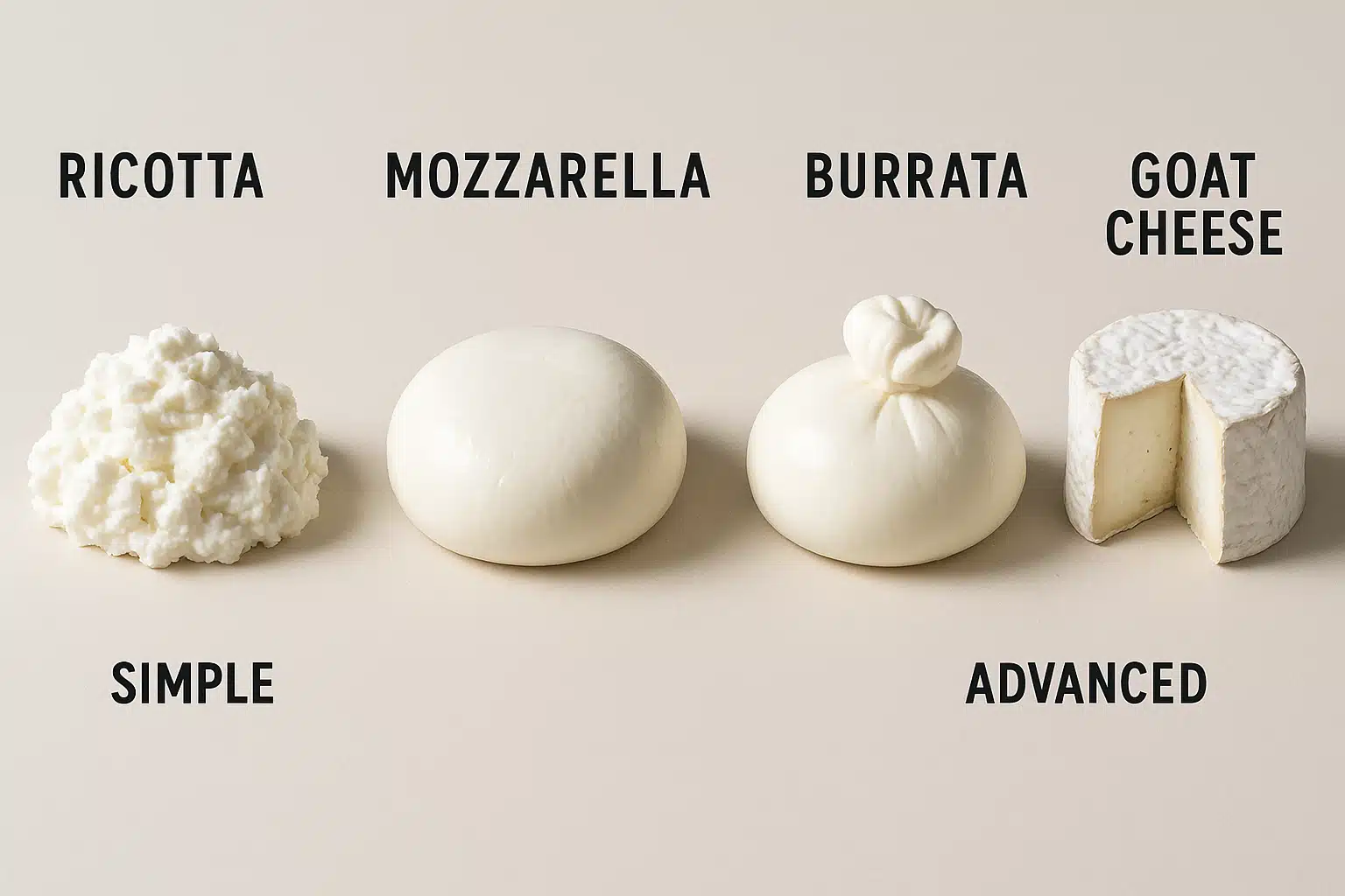 Progression display showing different types of fresh cheeses from beginner to advanced, arranged in order of complexity, educational culinary photography style