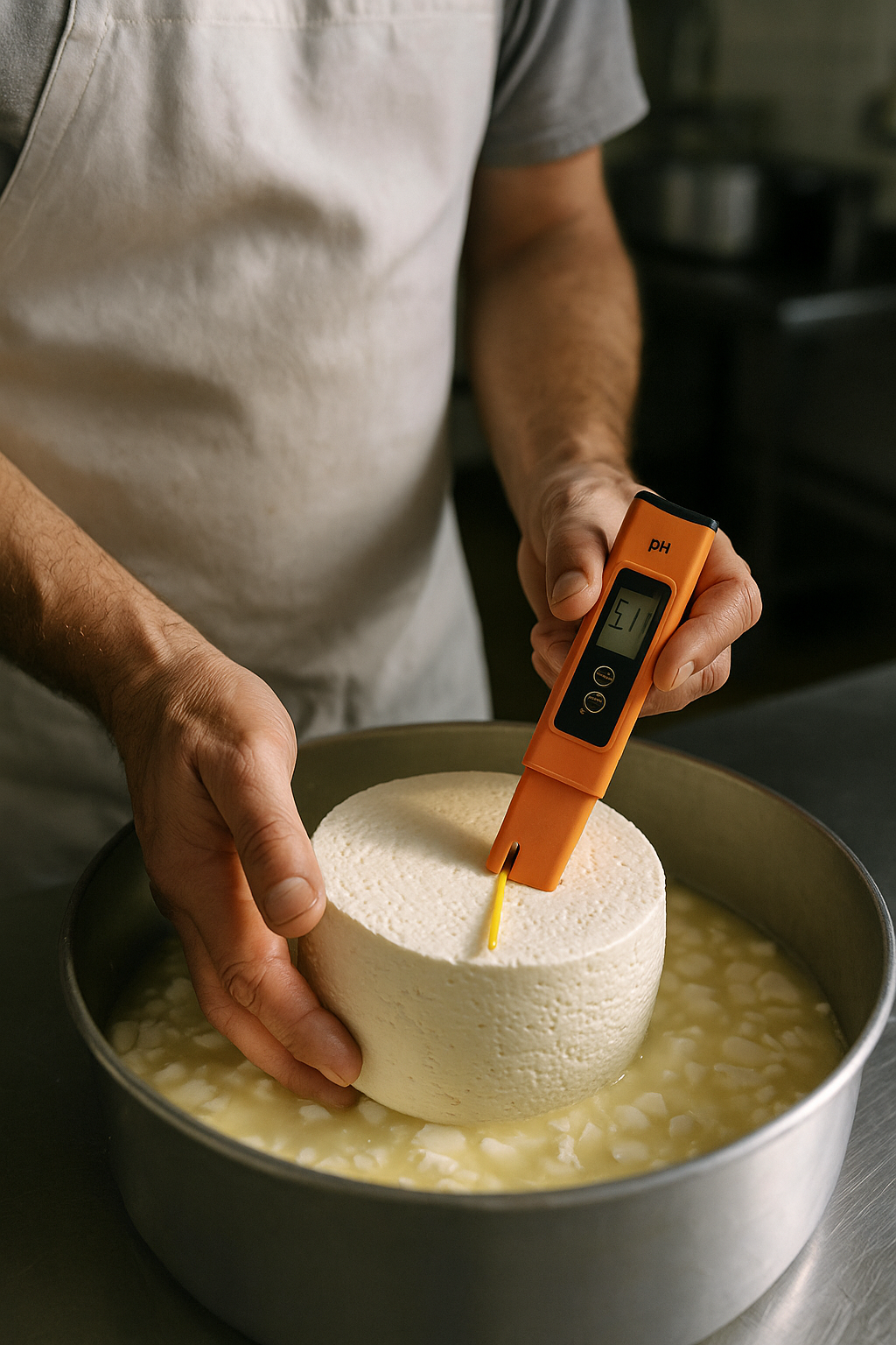 Hands of a cheese maker testing cheese pH during production in a small-scale artisan dairy, professional kitchen environment, documentary style photography