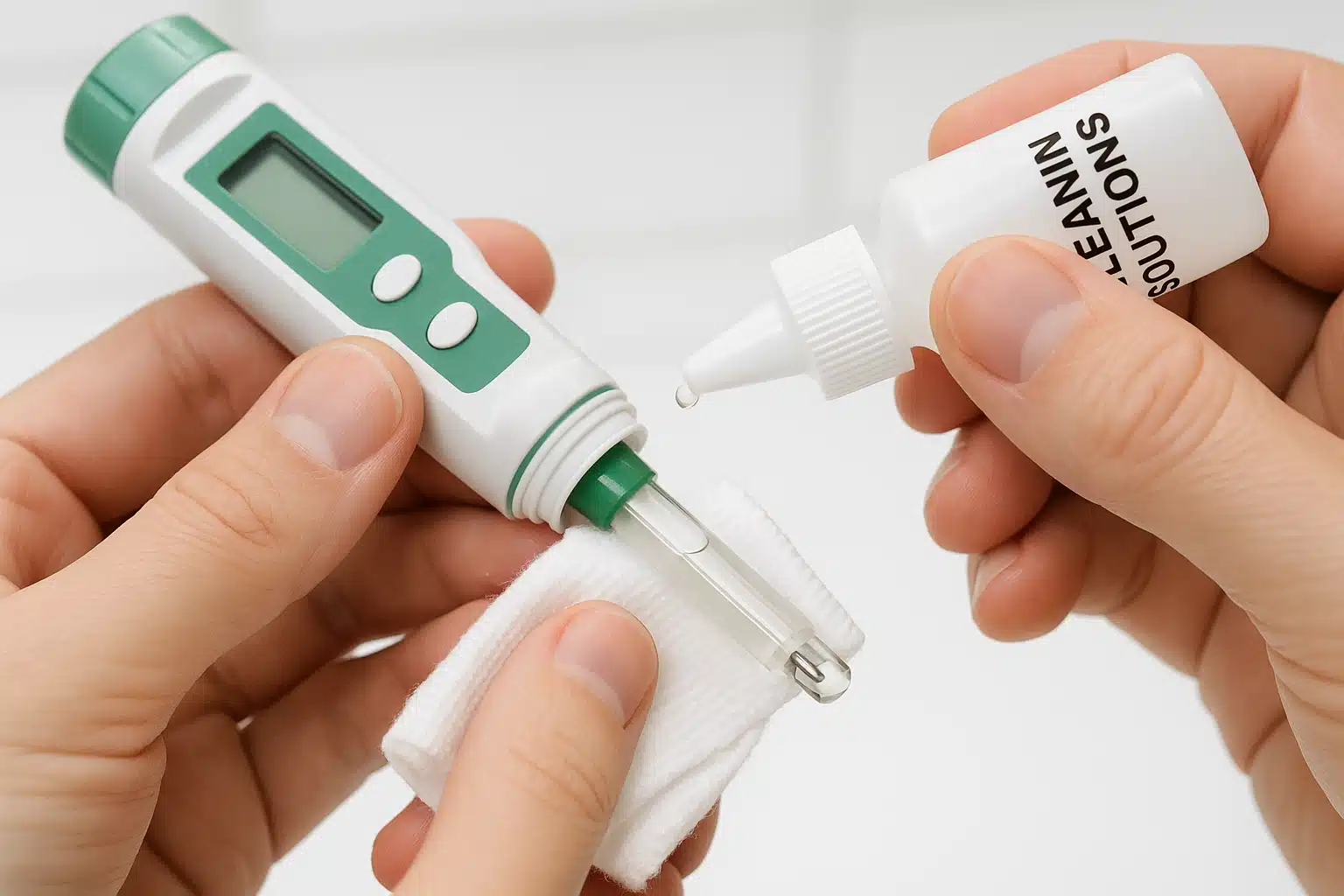 Close-up of hands cleaning a pH meter electrode with specialized cleaning solution and soft cloth, showing proper maintenance technique in bright, clean environment