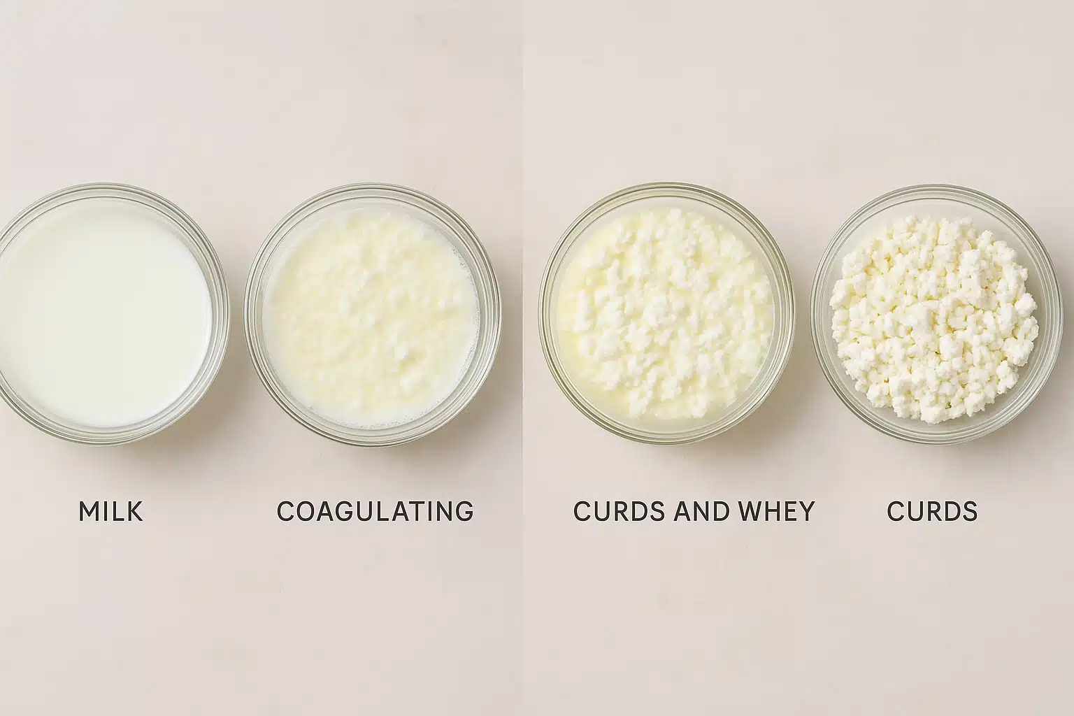 Step-by-step cheese making process showing milk coagulation stages, from liquid milk to formed curds, educational sequence photography, clean and professional presentation with natural lighting