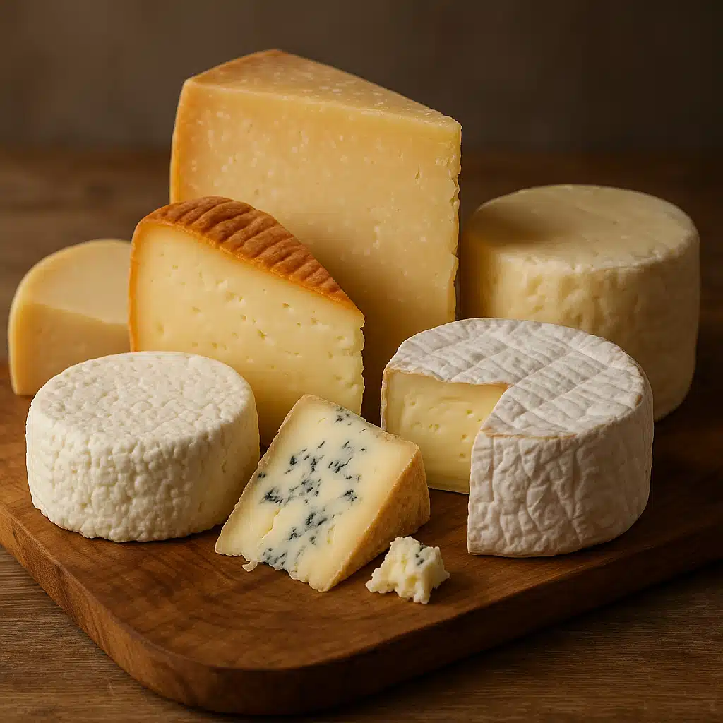 Assortment of different cheese varieties on a wooden board including soft fresh cheese, aged hard cheese, and semi-soft cheese, artfully arranged, soft studio lighting, appealing food photography