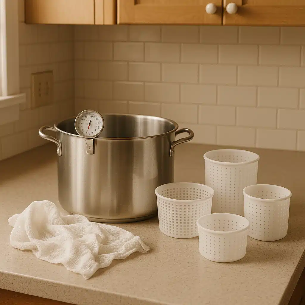 Home kitchen counter with cheese-making equipment including stainless steel pot, thermometer, cheesecloth, and molds, clean organized setup, warm natural lighting, approachable domestic setting