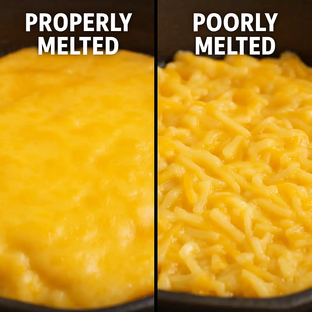 Comparison of properly melted cheese versus poorly melted cheese side by side, cooking demonstration style, clear detail of texture differences
