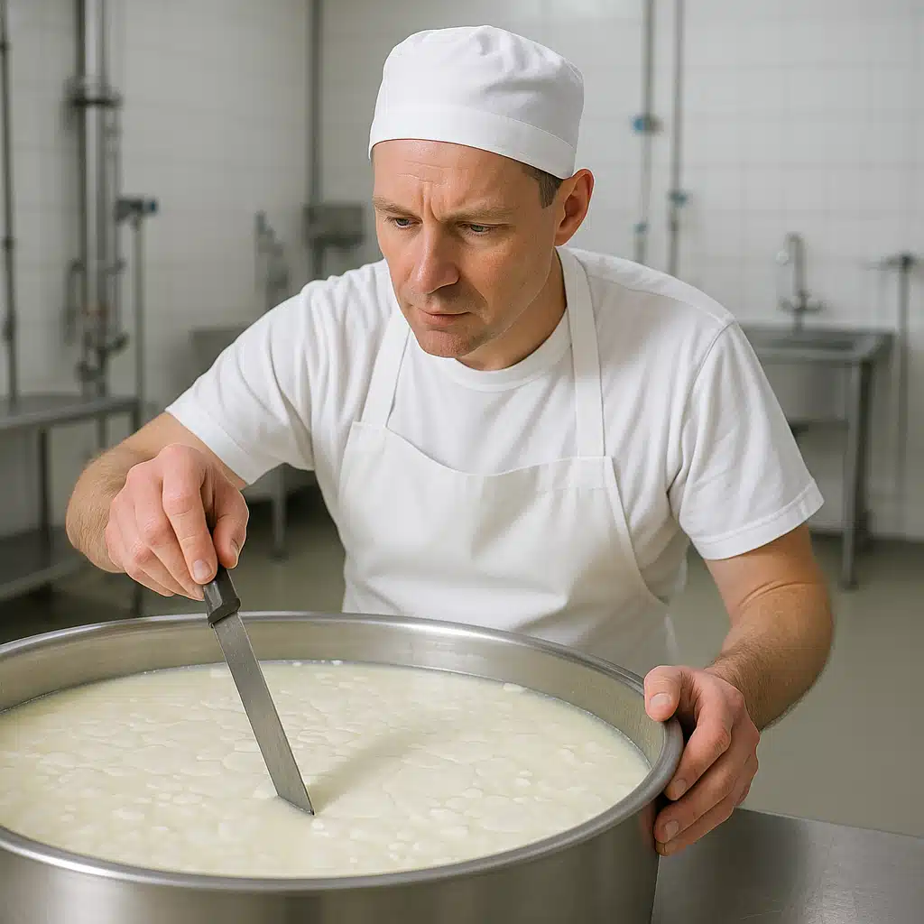 Cheese maker examining fresh white curds in a stainless steel vat with a long knife, checking the clean break, professional dairy facility setting, bright clean lighting