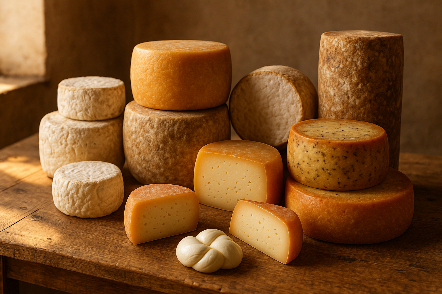 Beautiful display of homemade artisan cheeses of various types and ages arranged on a rustic wooden table, showcasing the results of successful cheese making, warm natural lighting, inviting and aspirational composition
