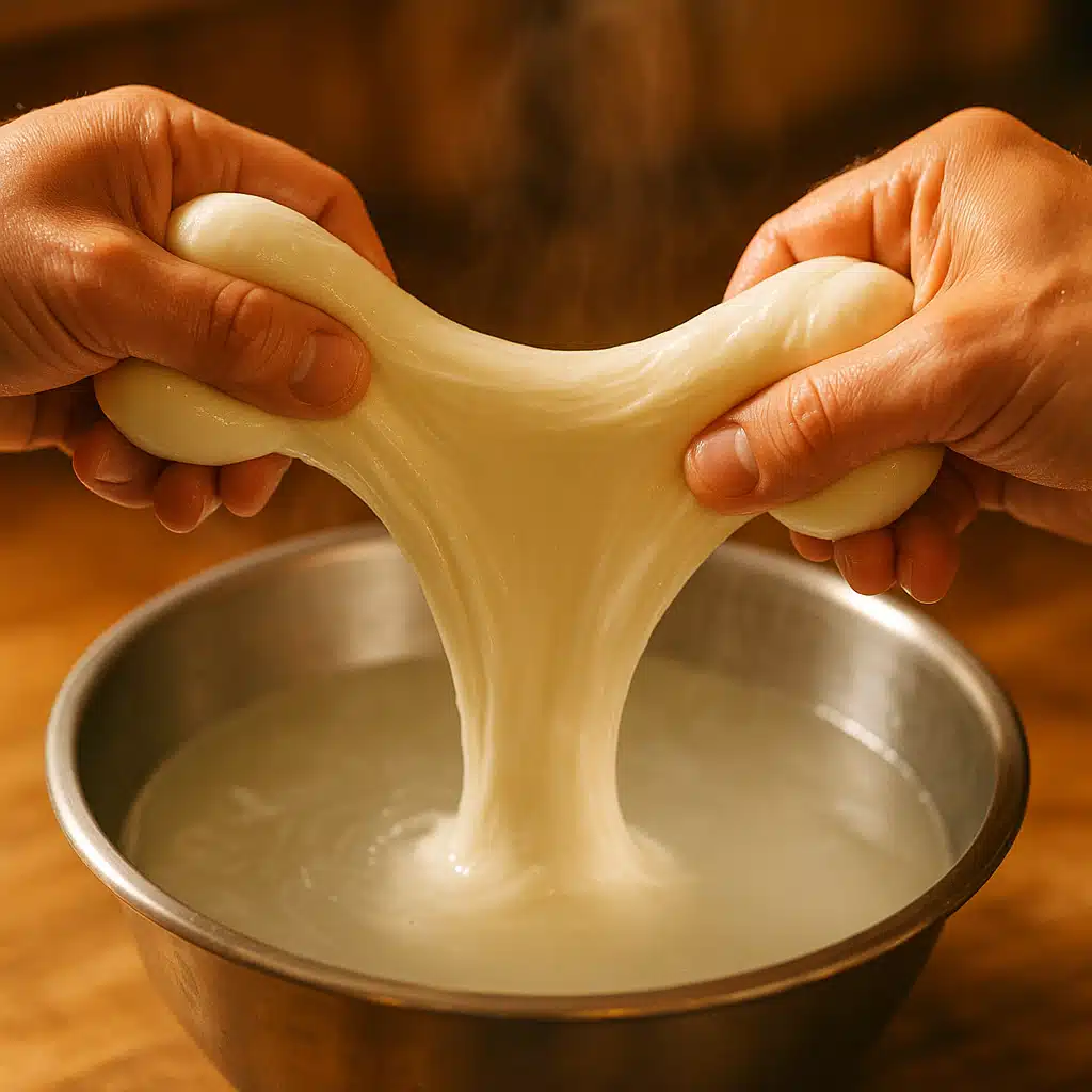 Hands stretching fresh mozzarella cheese over stainless bowl with hot water, action shot showing cheese elasticity, close-up perspective, warm kitchen lighting, instructional photography style