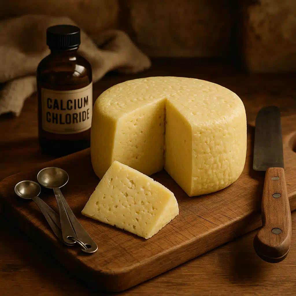 Beautiful homemade cheese wheel on a wooden cutting board with a wedge cut out showing texture, surrounded by cheese-making tools including calcium chloride bottle and measuring spoons, rustic kitchen setting, warm inviting lighting