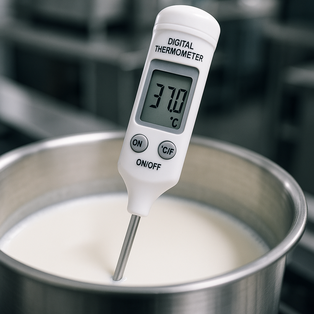 Digital thermometer measuring milk temperature in pot, close-up on LCD display showing precise temperature reading, professional kitchen setting, sharp focus on thermometer