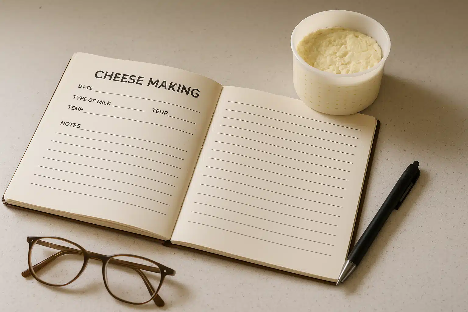 Cheese making journal open on counter next to small batch of cheese in mold, pen and reading glasses nearby, organized workspace, natural daylight, hobbyist documentation aesthetic