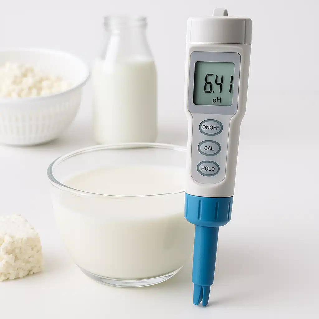 pH meter testing milk during cheese making process, digital display showing pH level, scientific approach to home cheese production, clean laboratory-style setup with white background