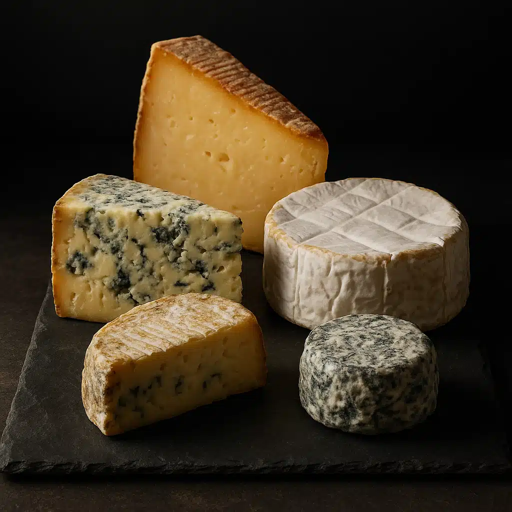 Variety of aged specialty cheeses showing different mold cultures including blue cheese, white rind brie, and washed rind cheese, artistic arrangement on slate board, professional food styling, dramatic lighting