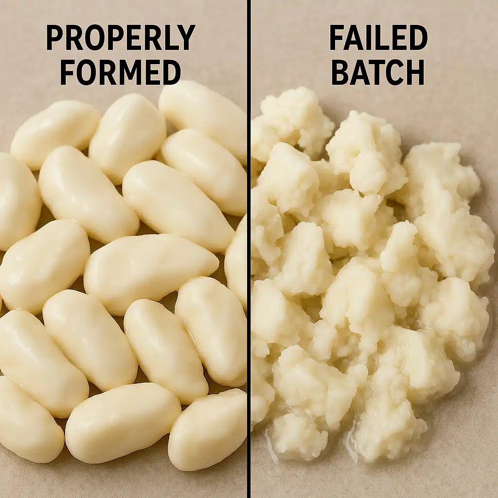 Comparison of properly formed cheese curd versus failed batch with texture problems, educational side-by-side presentation, neutral background, clear detail of curd structure differences