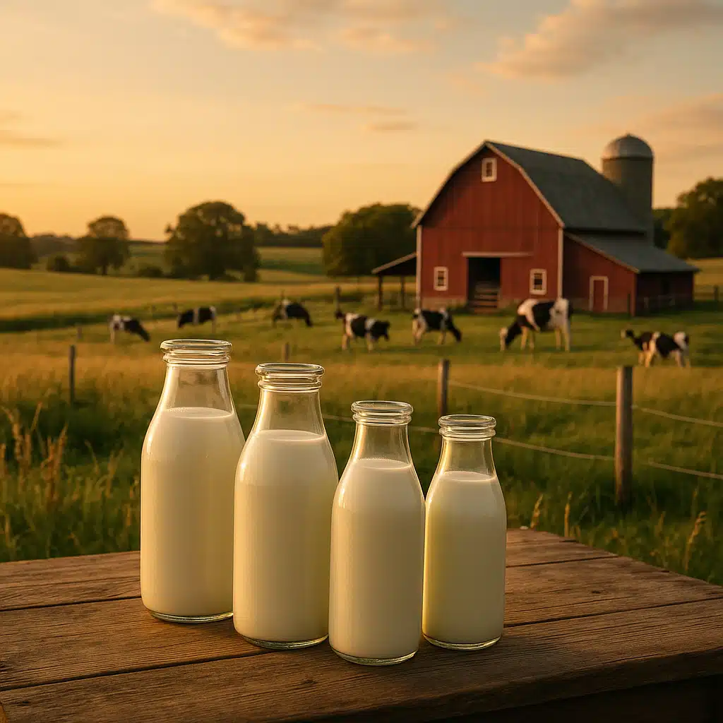 Farm-fresh milk in glass bottles next to local dairy farm in background, pastoral countryside setting, sustainable agriculture aesthetic, golden hour lighting, connecting local sourcing to cheese making