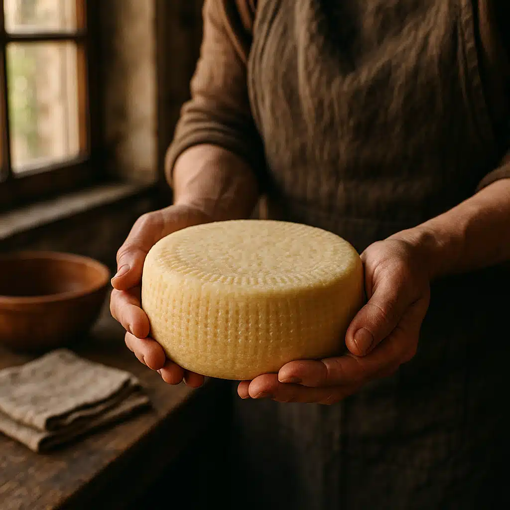 Hands holding freshly made artisan cheese wheel, pride of accomplishment visible, rustic kitchen background, warm inviting atmosphere, celebration of home cheese making craft, natural window light