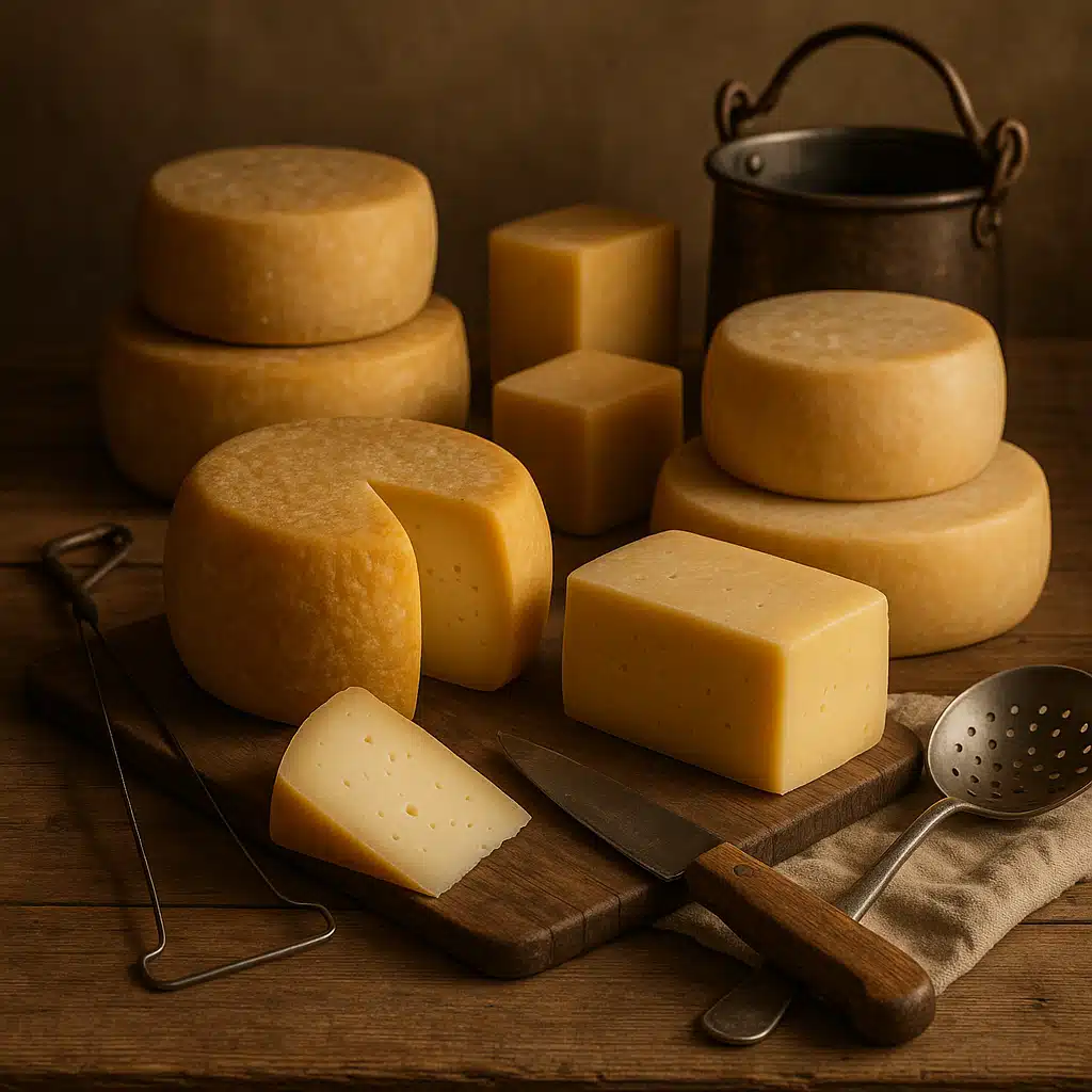 Homemade cheese wheels and blocks displayed on rustic wooden surface with cheese-making tools, warm natural lighting, artisanal and inviting atmosphere