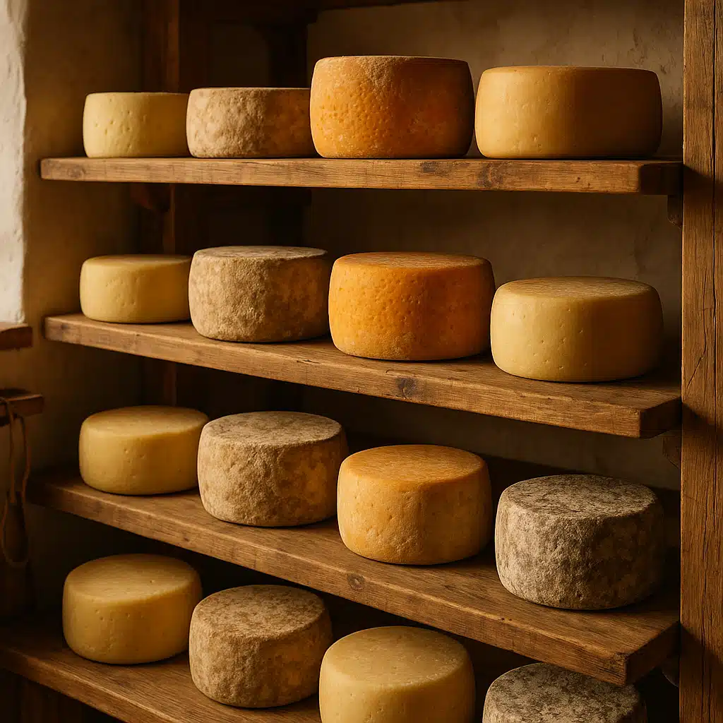 A collection of artisanal homemade cheese wheels in various stages of aging on wooden shelves, warm natural lighting, rustic kitchen setting with traditional cheesemaking aesthetic
