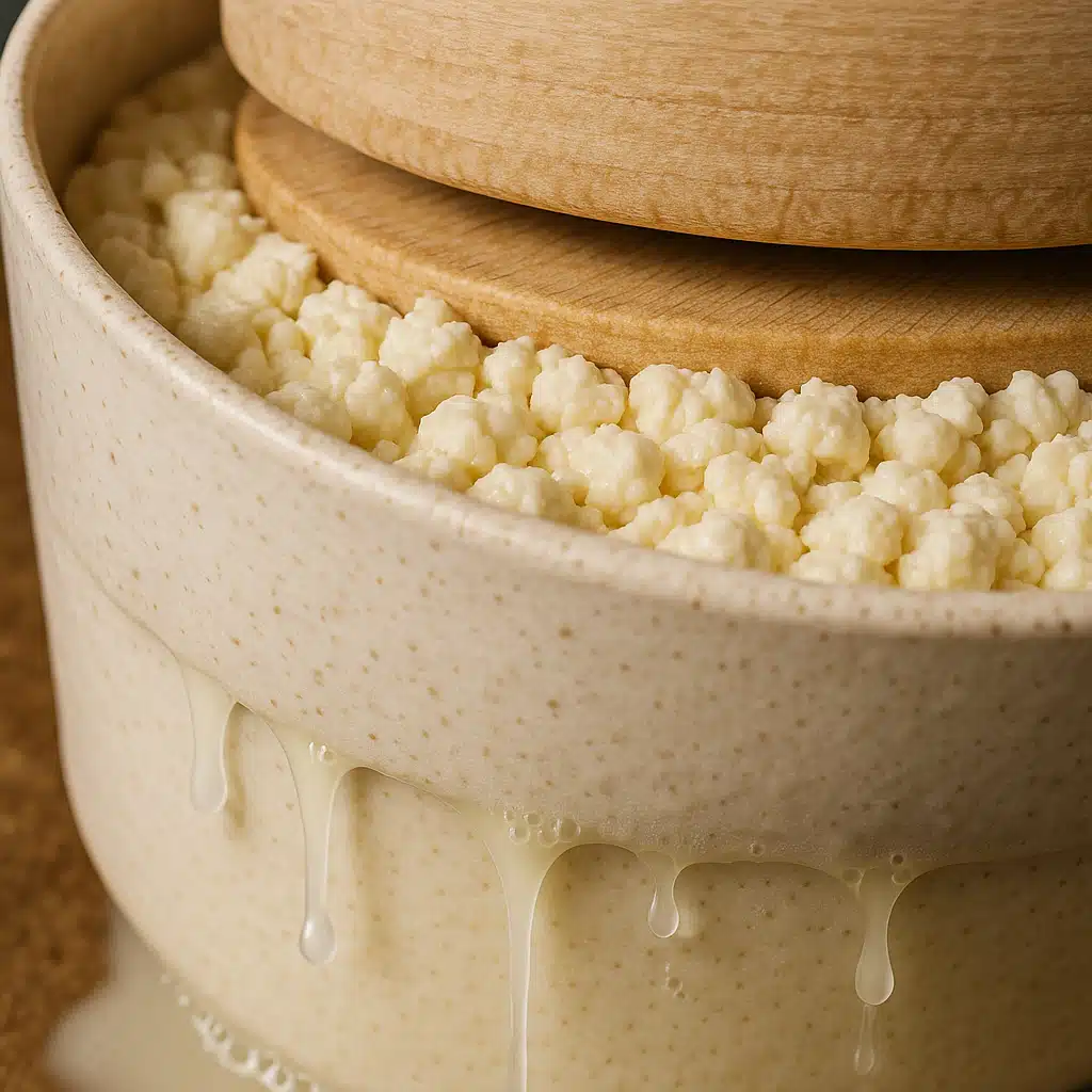 Close-up of cheese curds being pressed in a traditional cheese mold, showing whey draining, detailed texture, educational and professional style