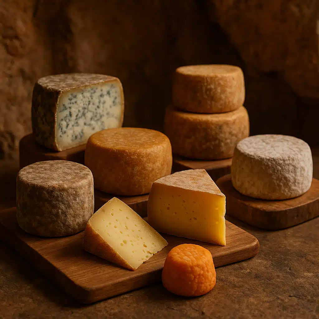 Assorted artisan cheeses at various stages of aging displayed on wooden boards with natural cave-like background, professional food photography with warm ambient lighting