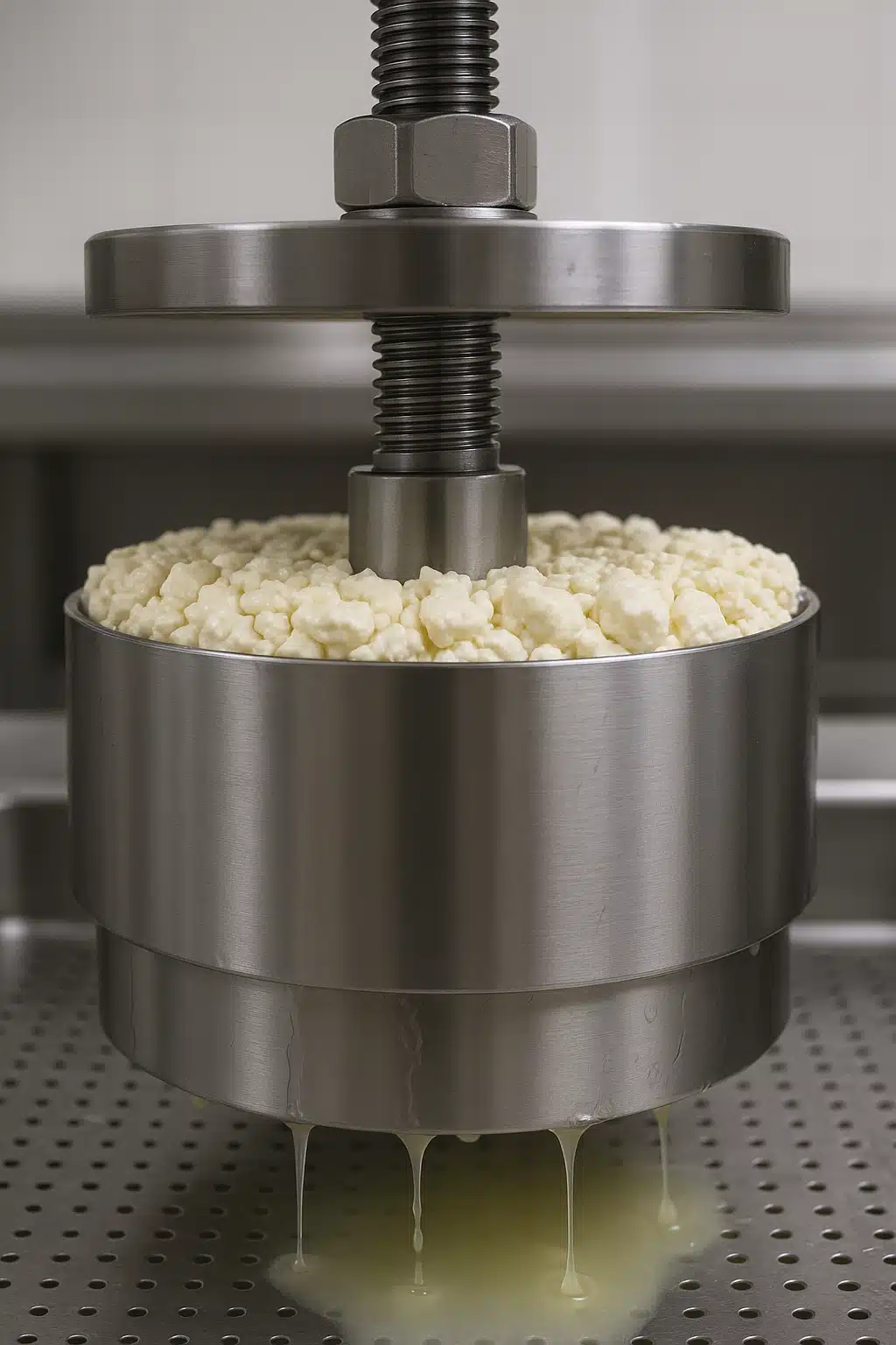 Close-up of cheese curds being pressed in a stainless steel cheese press, showing the pressing mechanism and whey draining, clean professional cheesemaking environment