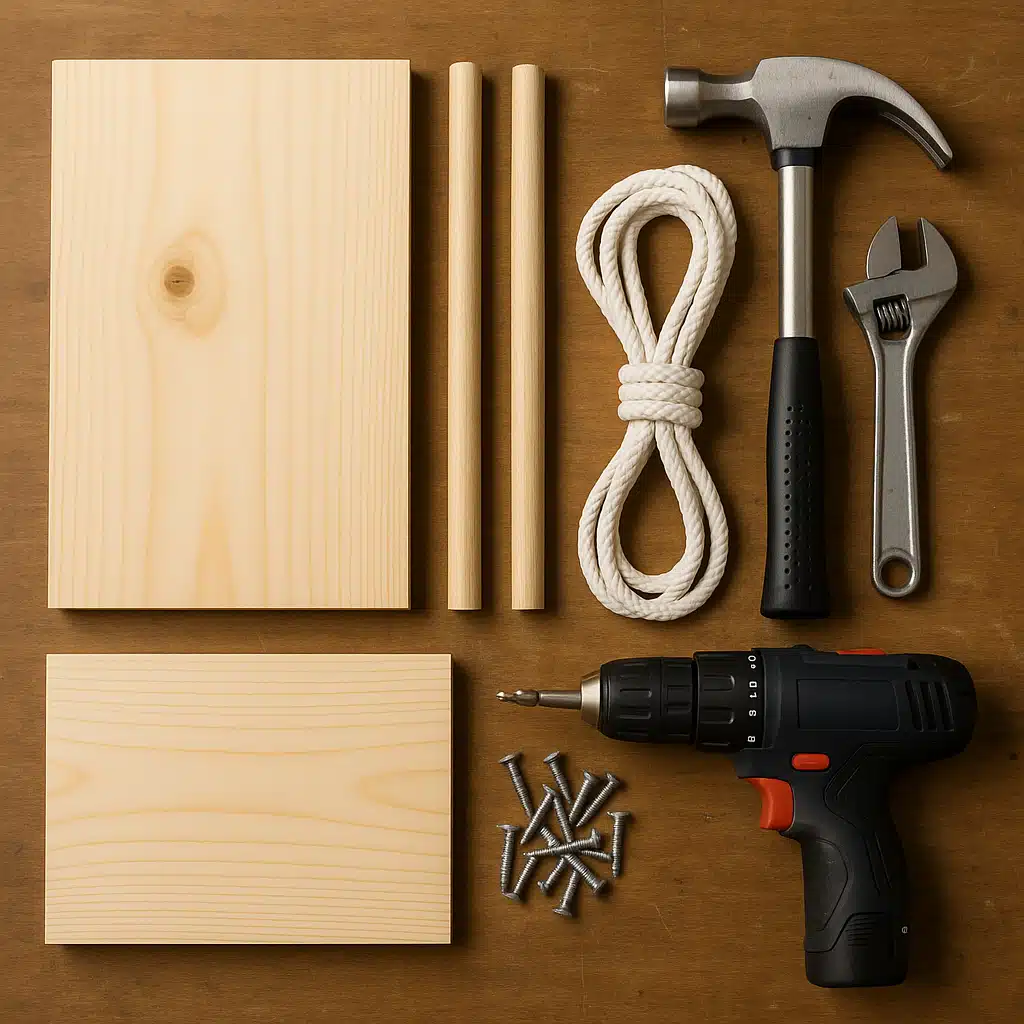 Collection of DIY cheese press materials including wooden boards, rope, screws, and tools laid out on workbench, organized and well-lit, instructional style