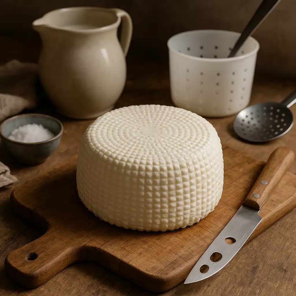 Close-up of fresh homemade cheese on a wooden cutting board with cheese making tools and ingredients in soft natural lighting, rustic kitchen setting