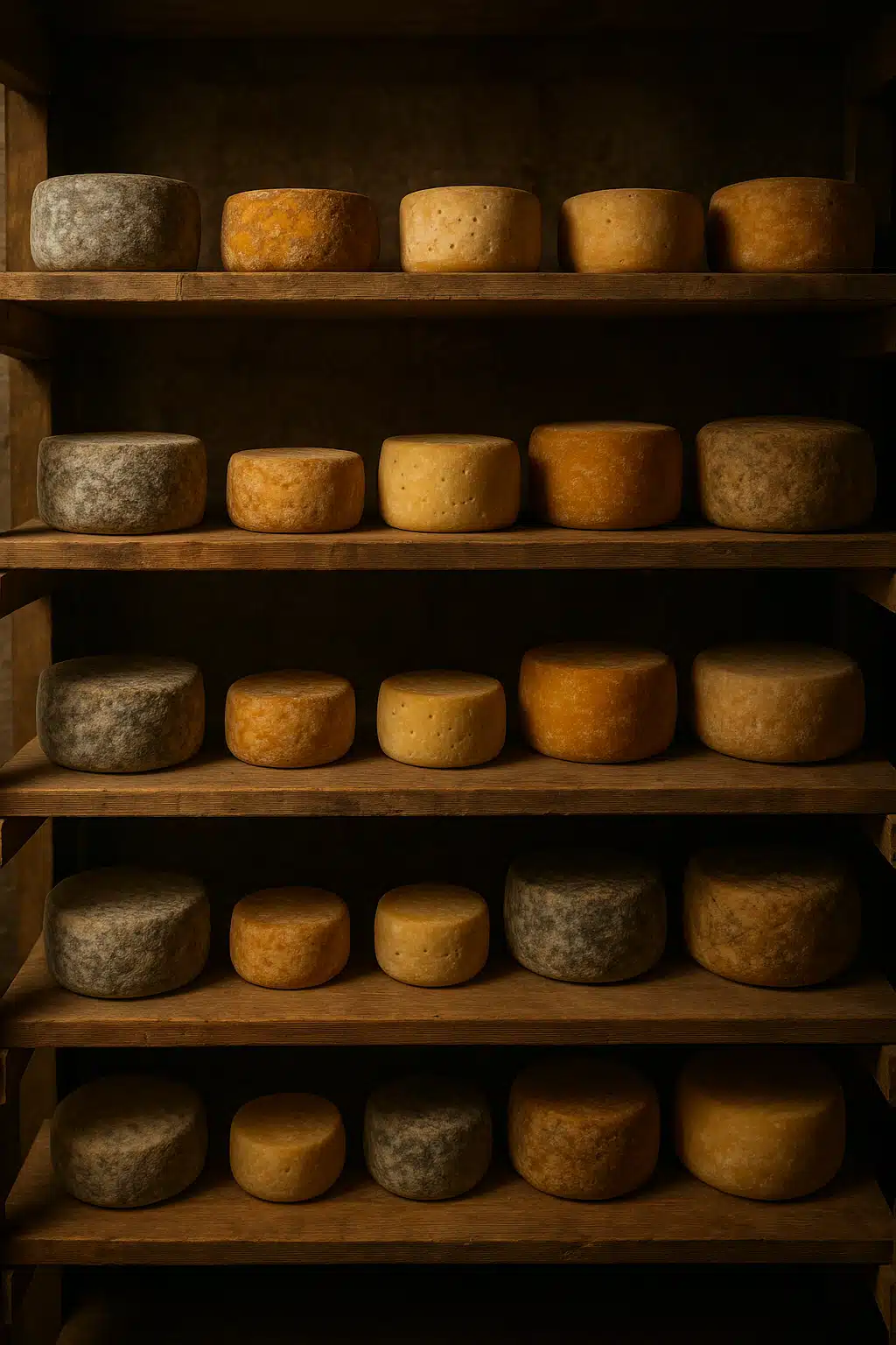 Assorted artisan cheese wheels aging on wooden shelves in a temperature-controlled environment, soft ambient lighting, rustic and professional cheese cave atmosphere