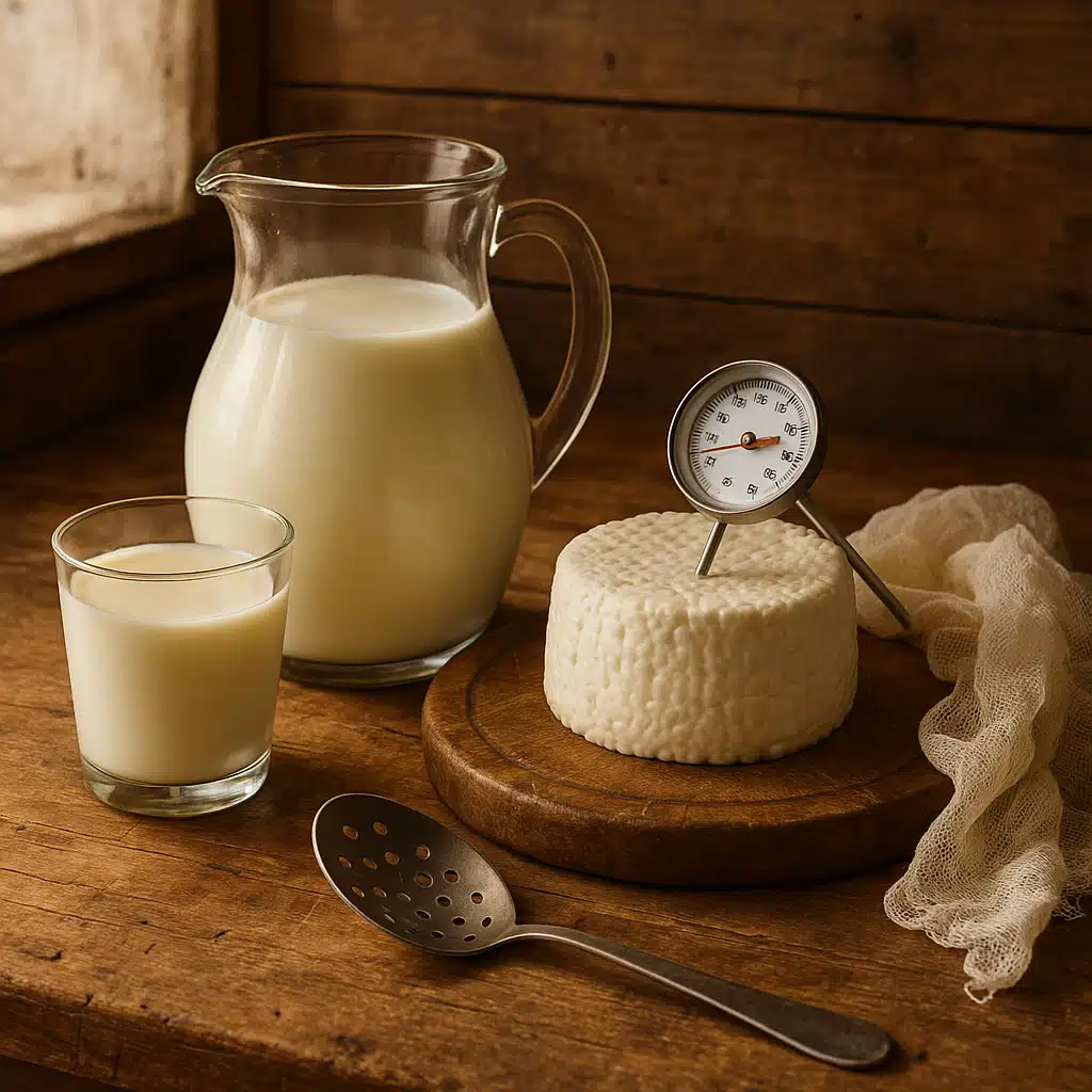 Rustic kitchen countertop with fresh milk in glass containers, cheese-making tools including thermometer and cheesecloth, warm natural lighting, inviting and educational atmosphere